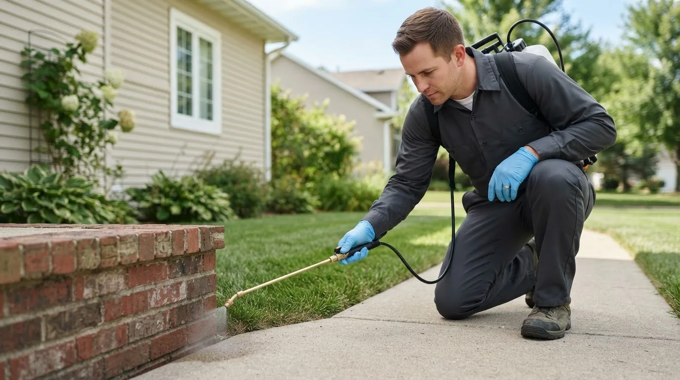 Pest control technician treating a home near Vesta, MN